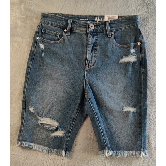 Style and Co Bermuda Shorts Womens Size 4 Blue Stretch Denim Distressed - Picture 1 of 16